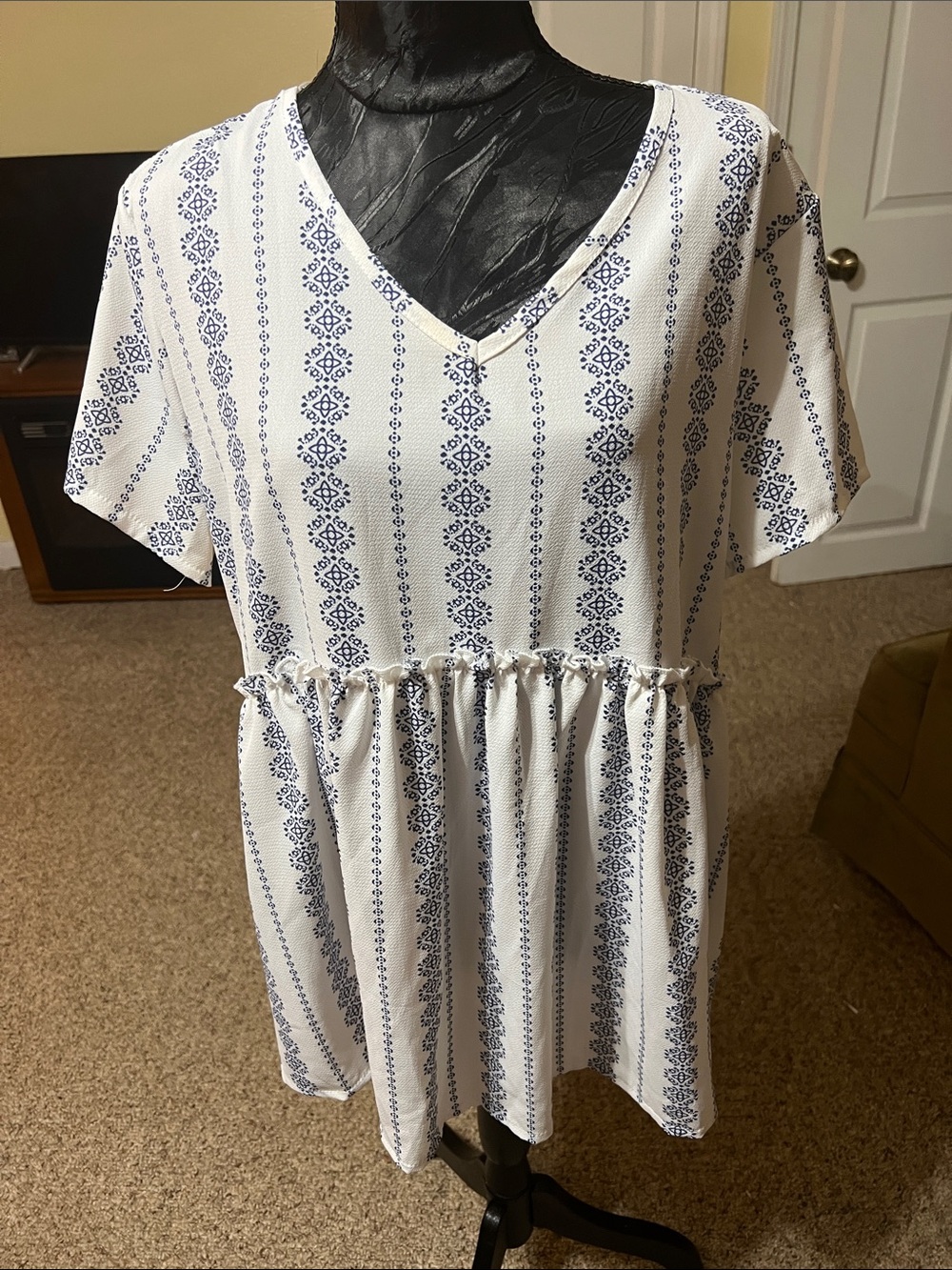 Unk White Tunic Top with Navy Blue Striped Print